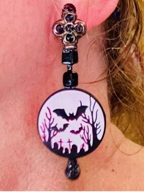 new handmade upcycled gothic Bat and Graveyard Drop Post pierced big  Earrings